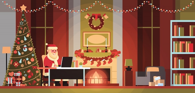 Premium Vector | Santa claus in living room decorated for christmas new ...