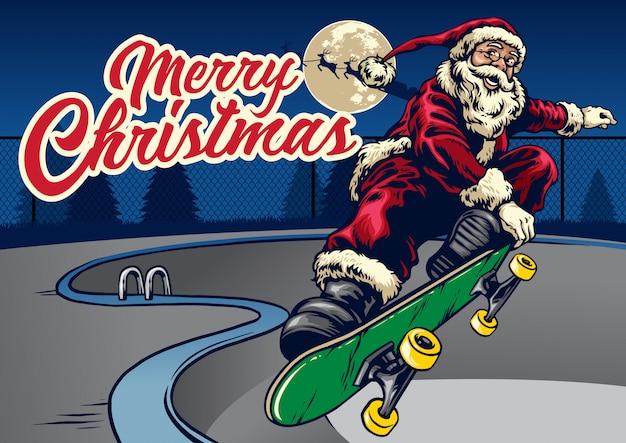 Download Santa claus playing skateboard in the pool | Premium Vector