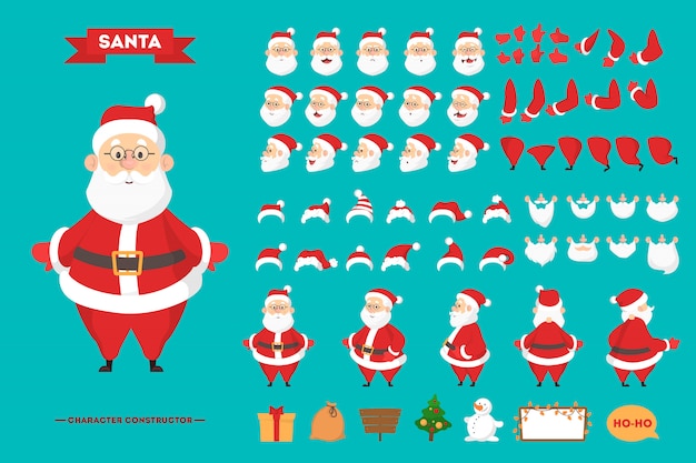 Santa claus in red clothes character set for the animation with various views, hairstyle, emotion, p