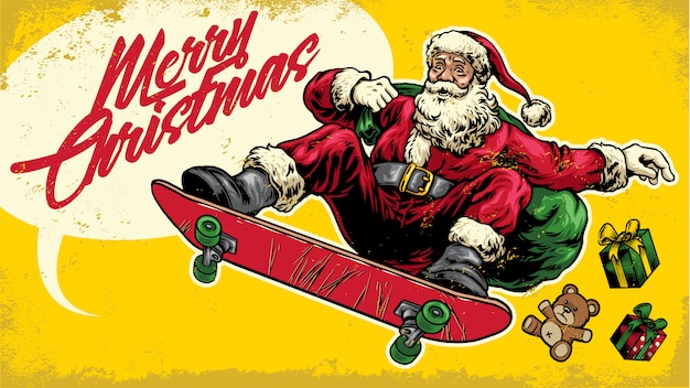 Download Santa claus ride skateboard in hand drawing style Vector | Premium Download