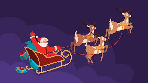 サンタクロースがトナカイのそりに乗って夜に飛んでいます クリスマス漫画イラスト 手を振って笑顔のサンタ プレミアムベクター