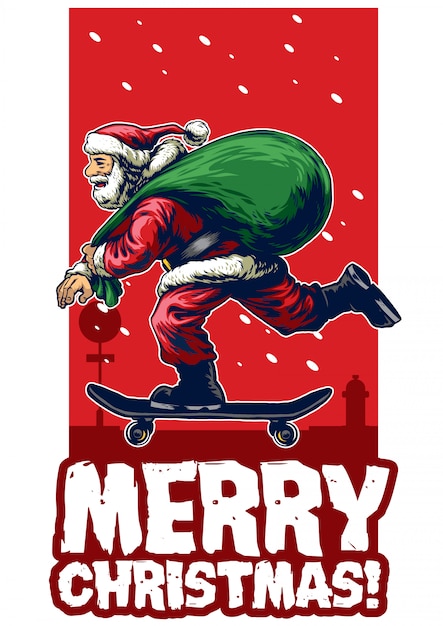 Santa claus riding skateboard christmas card design | Premium Vector