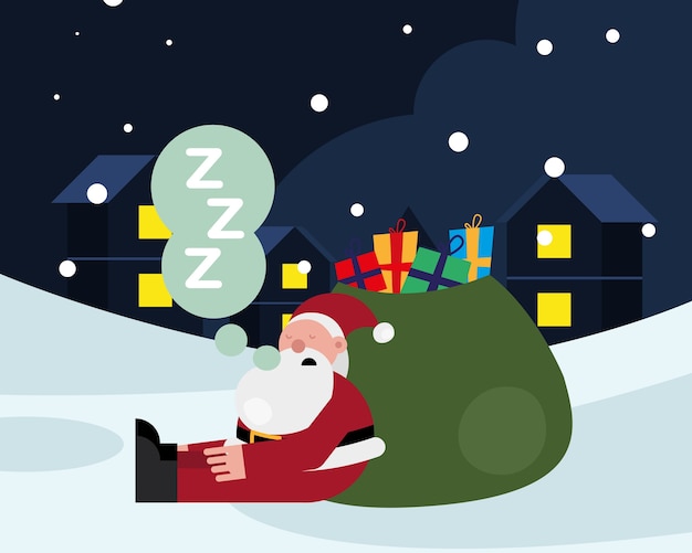 ギフトバッグで眠っているサンタクロースクリスマス文字ベクトルイラストデザイン プレミアムベクター