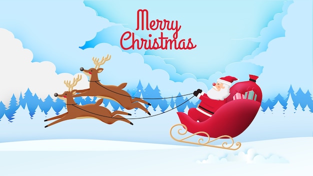 Premium Vector | Santa claus on the sleigh with beautiful sky in paper art