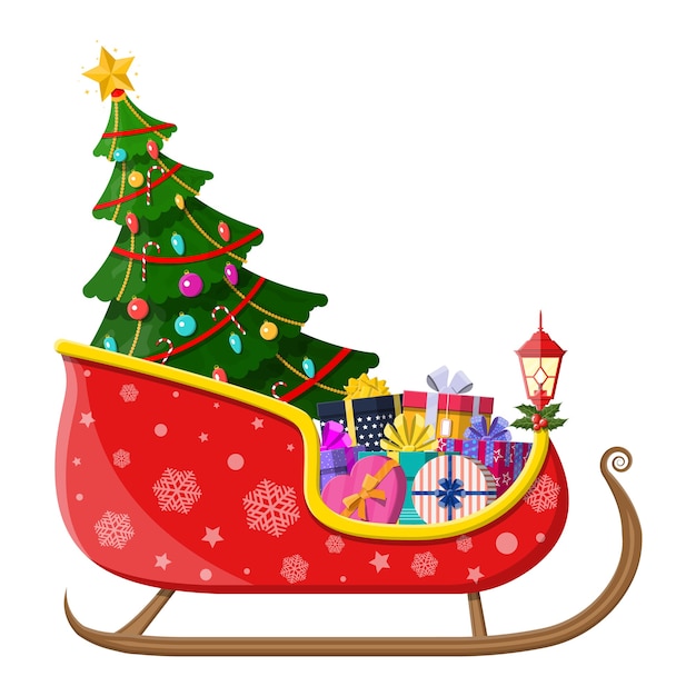 Premium Vector | Santa claus sleigh with gifts boxes with bows and ...