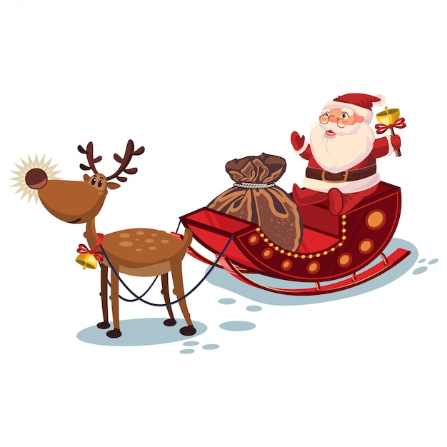 Premium Vector Santa Claus In A Sleigh With Reindeer And Sack With Gifts Vector Christmas Cartoon Character