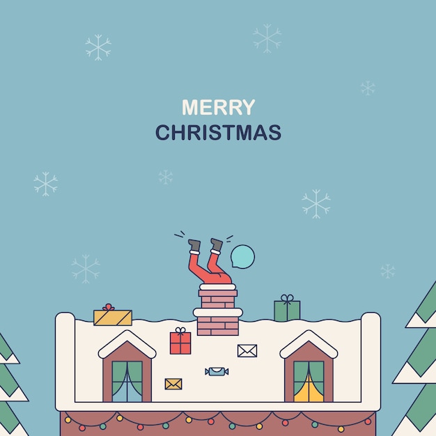 サンタクロースが煙突に引っかかった クリスマスをテーマにフラットスタイルのイラスト プレミアムベクター