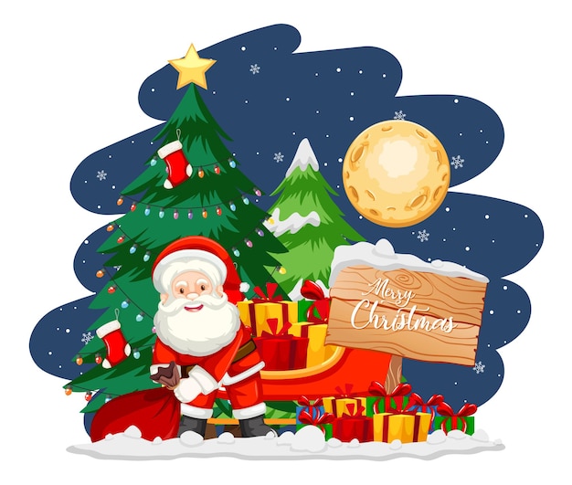 Free Vector | Santa claus with christmas tree and snowman at night