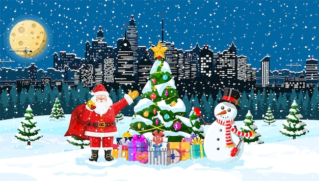 雪だるまとサンタクロース クリスマスの冬の街並み 雪片 木々 メリークリスマスシーン プレミアムベクター