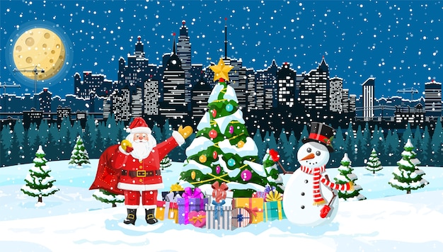 Download Premium Vector | Santa claus with snowman. christmas winter cityscape, snowflakes and trees ...