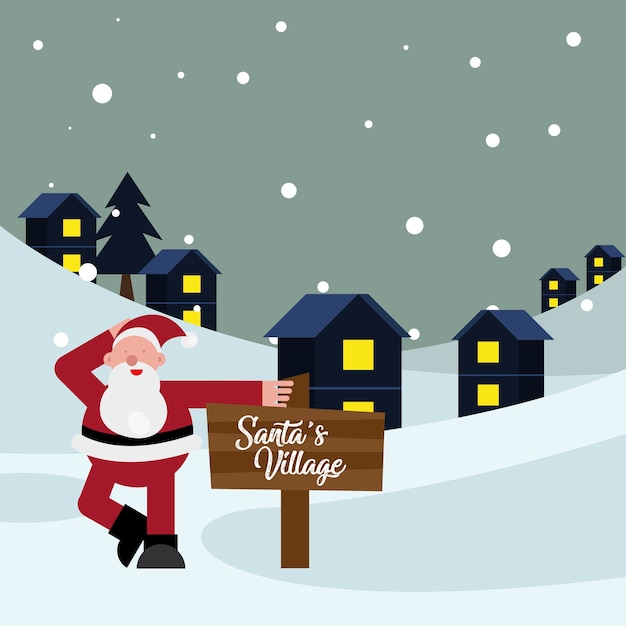 冬のシーンで木製ラベルとサンタクロースクリスマス文字ベクトルイラストデザイン プレミアムベクター