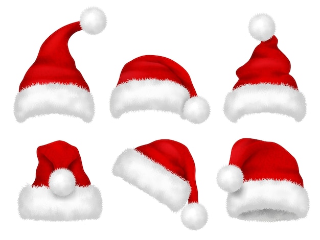 サンタの赤い帽子 パーティーファークリスマス伝統的なベルベットの帽子ベクトル現実的な画像 キャップクリスマス 帽子サンタクロース クリスマスホリデー イラストの衣装 プレミアムベクター