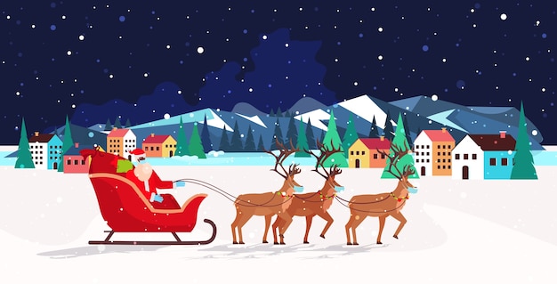 トナカイとそりに乗ってサンタさん明けましておめでとうございますメリークリスマスバナー冬の休日コンセプト夜風景背景挨拶水平イラスト プレミアムベクター