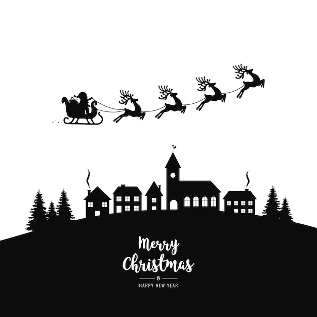 Download Santa sleigh flying silhouette village night | Premium Vector