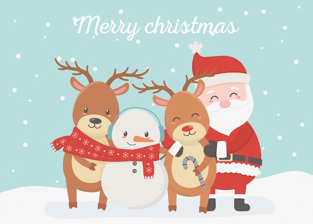 Premium Vector | Santa snowman reindeer celebration happy christmas card