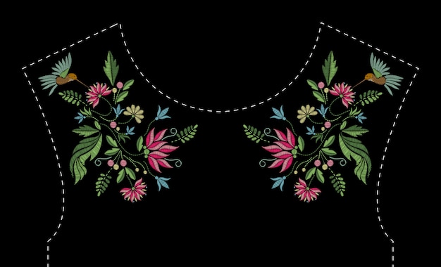 花と鳥のサテンステッチ刺繍デザイン ドレスラインのフォークライン花柄トレンディパターン 黒い背景に首の民族のファッション飾り プレミアムベクター