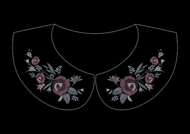 バラのサテンステッチ刺繍デザイン ドレスカラーのフォークライン花柄トレンディなパターン プレミアムベクター