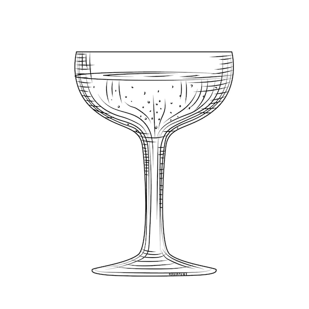 ソーサーガラス 手描きのシャンパングラスのスケッチ フルスパークリングワイングラス 彫刻スタイル 白い背景で隔離のベクトルイラスト プレミアムベクター