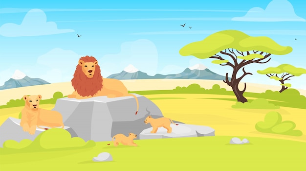 サバンナの風景イラスト ライオンが岩の上に横たわっているアフリカの環境 木や生き物がいるサファリフィールド 保全公園 南の動物の漫画のキャラクター プレミアムベクター
