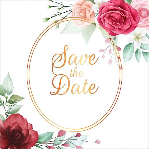 Premium Vector Save The Date Floral Frame With Beautiful Red Watercolor Flowers