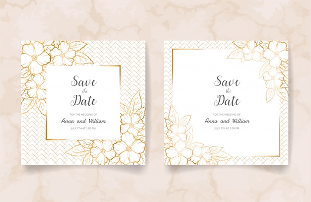 Save the date wedding invitation card with golden flowers, leaves and branches Premium Vector