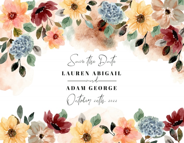  Save the date with autumn floral watercolor frame