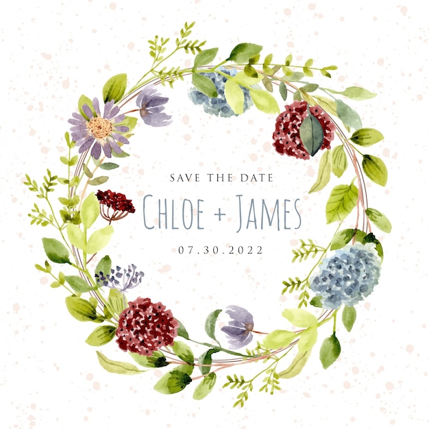 Save the date with beautiful watercolor flower wreath Premium Vector