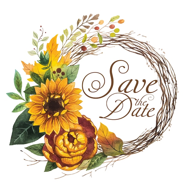 Download Save the date with wreath sunflower watercolor Vector ...