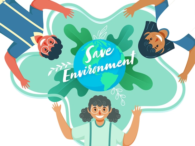 Premium Vector | Save environment concept with cartoon children raising