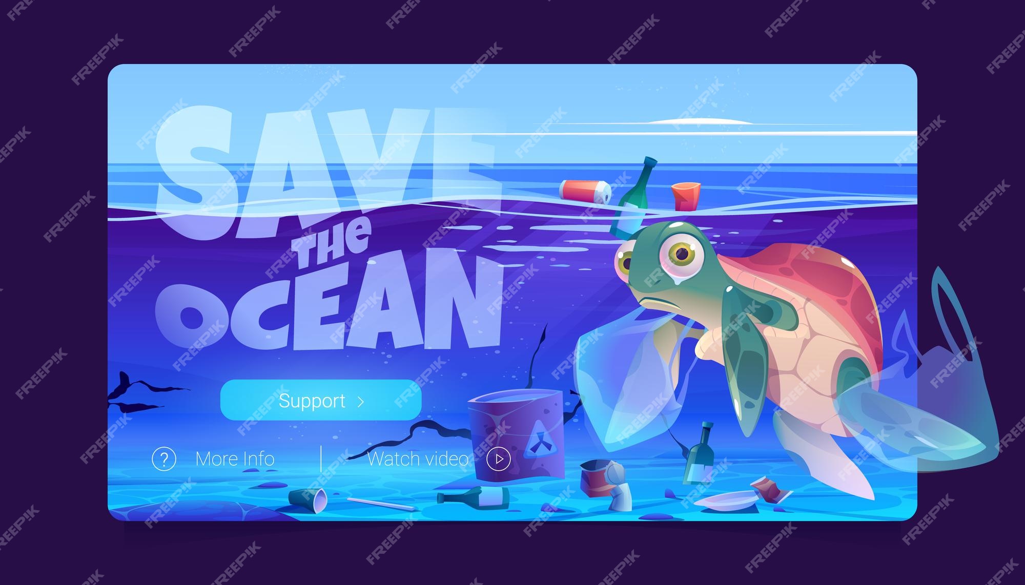 Free Vector | Save ocean website with turtle plastic bags and garbage ...