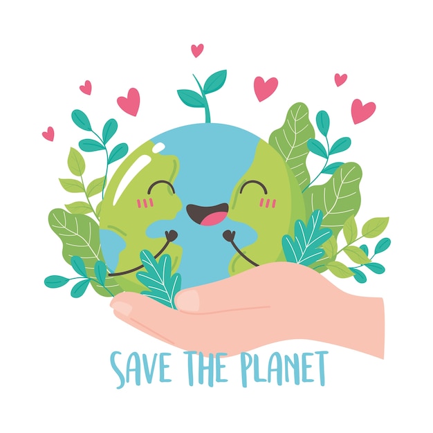 Premium Vector | Save the planet, hand holding cute earth map leaf ...