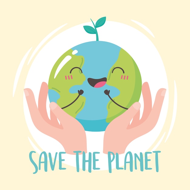 Premium Vector | Save the planet, hands holding cartoon happy earth map ...