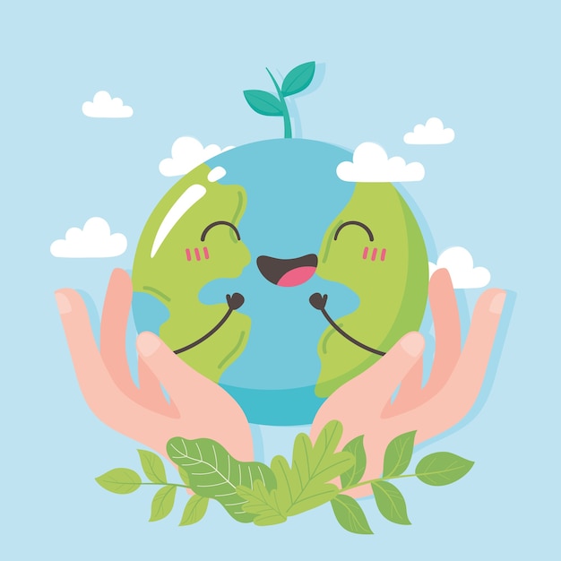 Premium Vector | Save the planet, hands with cute earth map and leaves ...