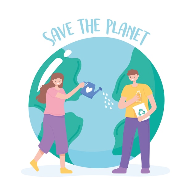 Premium Vector | Save the planet, woman and man care earth cartoon  illustration
