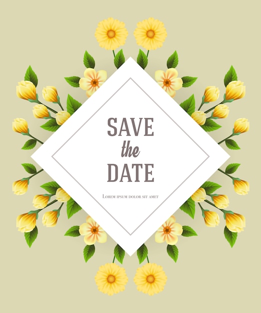 Save the date template with yellow flowers on\
gray background. Handwritten text, calligraphy.