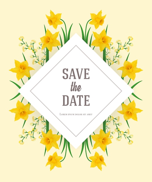 Save the date template with yellow narcissus.
Handwritten text, calligraphy.