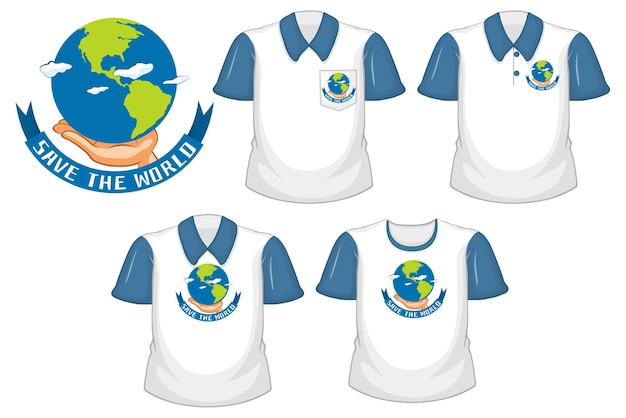 Free Vector Save The World Logo And Set Of Different White Shirts With Blue Short Sleeves Isolated On White Background