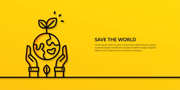 Save the world with hands holding earth, flat nature ecology banner Premium Vector
