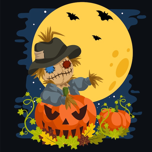 Premium Vector | Scarecrow in a full moon behind pumpkins