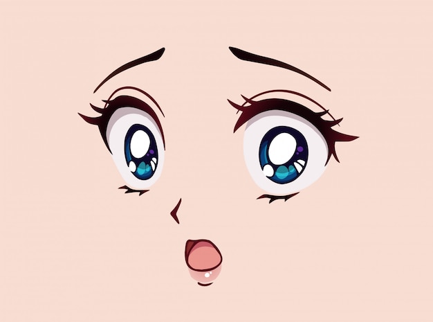 怖いアニメ顔 マンガ風の大きな青い目 小さな鼻 かわいい口 手描き漫画イラスト プレミアムベクター