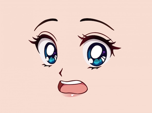 怖いアニメ顔 マンガ風の大きな青い目 小さな鼻 かわいい口 手描きの背景の漫画イラスト プレミアムベクター