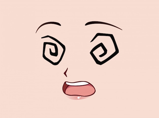 怖いアニメ顔 マンガ風の面白い目 小さな鼻 かわいい口 手描き漫画イラスト プレミアムベクター