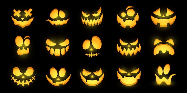 Premium Vector Scary And Funny Glowing Faces Of Halloween Pumpkin Or Ghost Collection - really scary halloween pumpkin face vector roblox