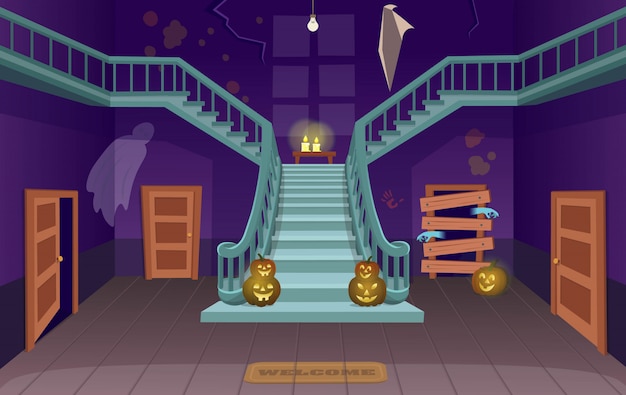 Premium Vector | Scary house with stairs, ghosts, doors, pumpkins