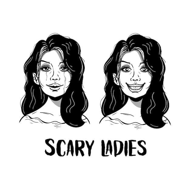 Premium Vector | Scary ladies with creepy smile illustration