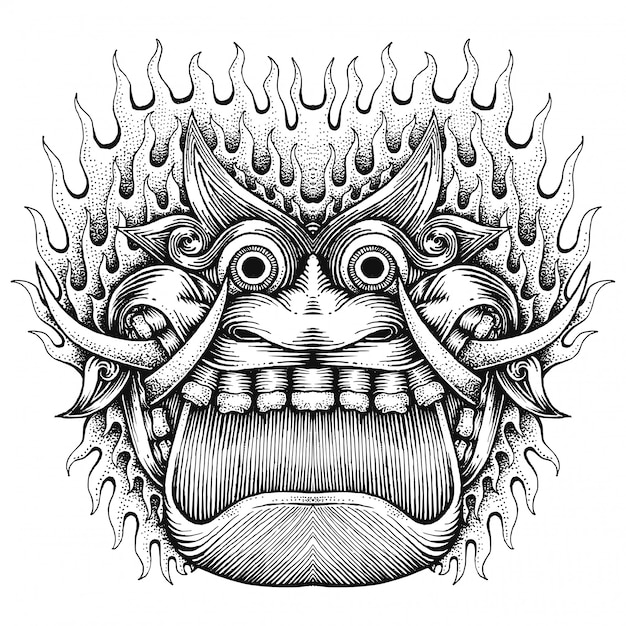 怖いモンスターの顔 抽象的な手描きイラスト ジャワのアートスタイル プレミアムベクター
