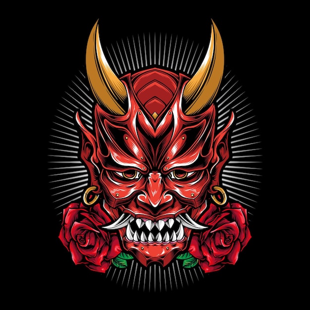 Premium Vector | Scary oni mask with rose