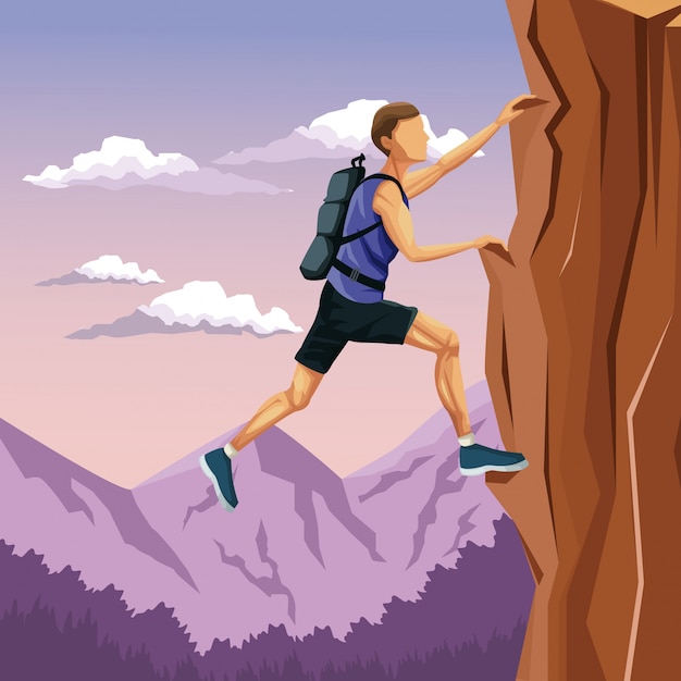 Premium Vector Scene Landscape Man Climbing On A Rock Mountain