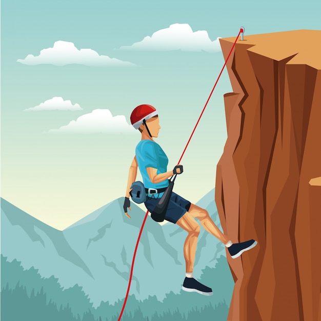 Premium Vector | Scene landscape man mountain descent with equipment ...