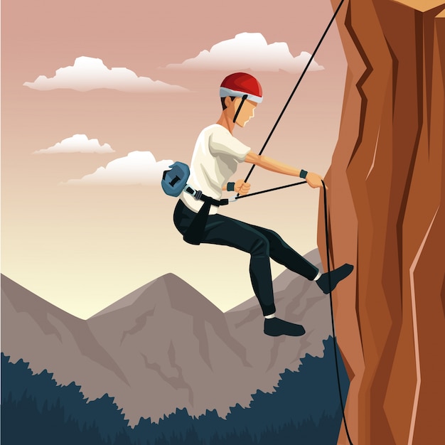 Premium Vector Scene Landscape Man Mountain Descent With Harness Rock